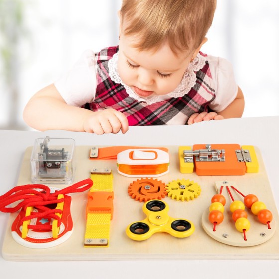 Wooden Montessori Busy Board for Toddlers, Sensory Fidget Toy with Switches, Locks & Music Box, Educational Travel Gift for Boys & Girls